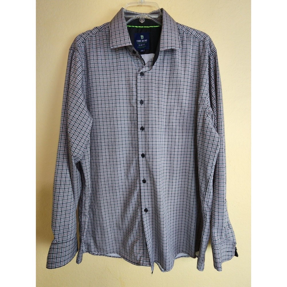 TOM BAINE Performance Collection Dress‎ Shirt Large Slim-fit Houndstooth Button
